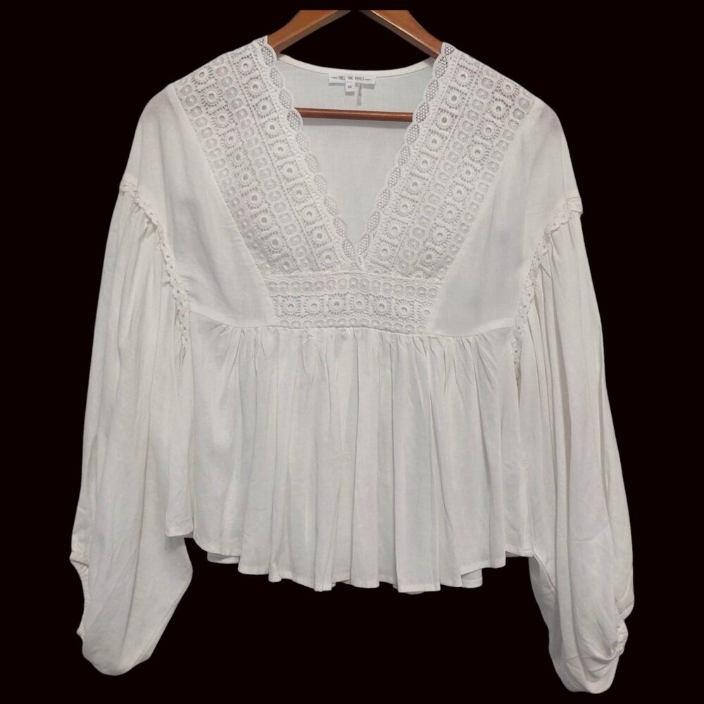 FREE THE ROSES White Lace Babydoll Top XS Linen/Cotton V Neck Puffy Long Sleeves